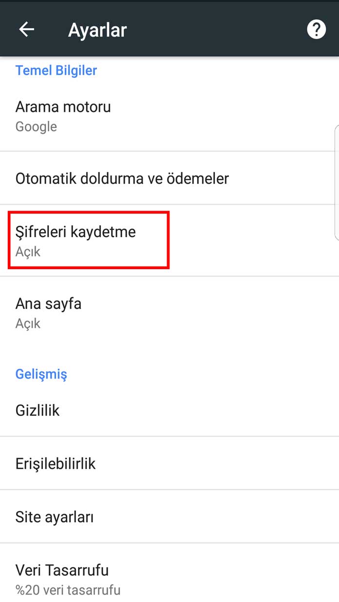 chrome kayıtlı şifreler android